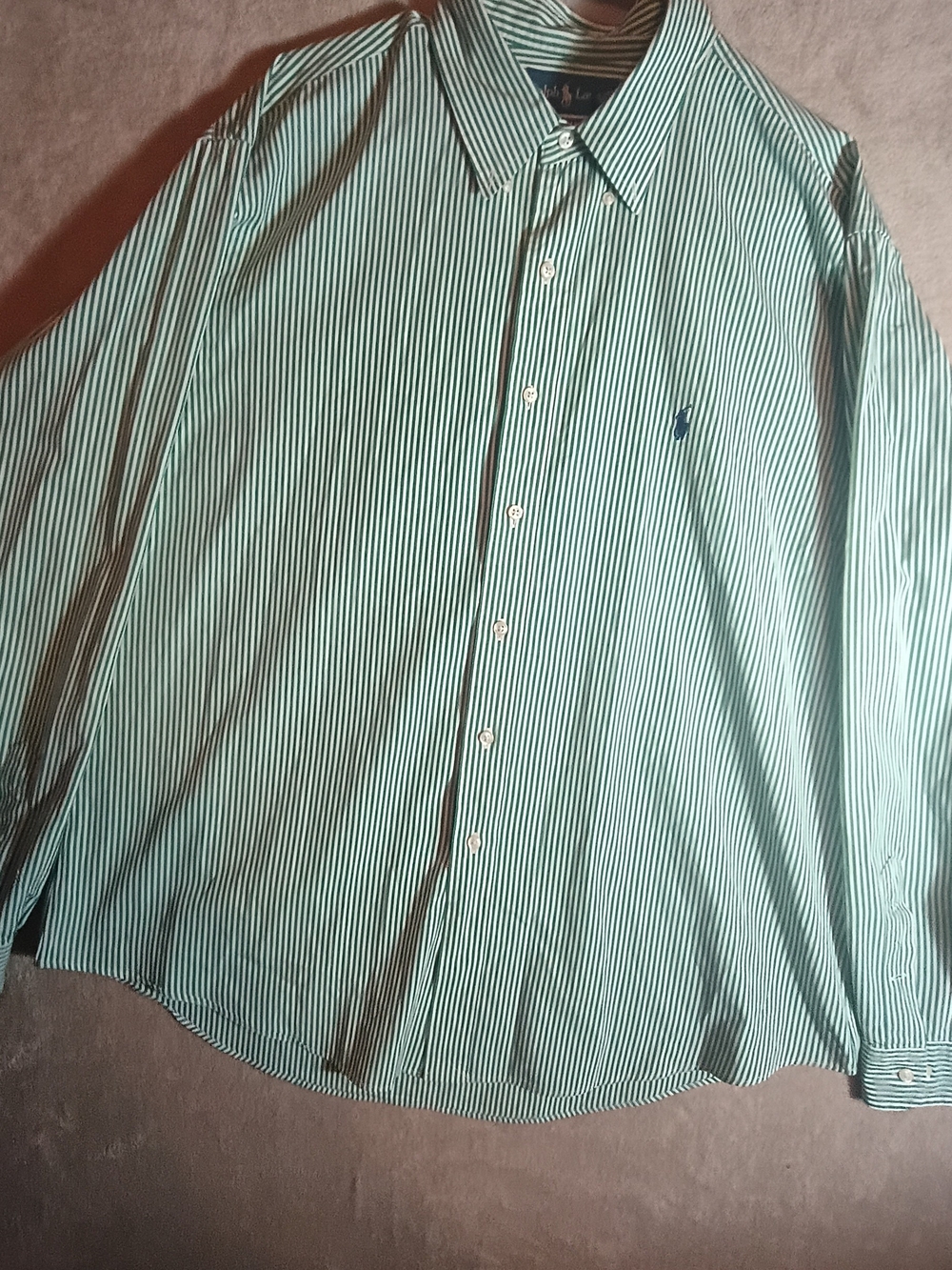 Ralph Lauren Custom Fit Mens XL Green White Striped Woven Cotton Shirt 18.5